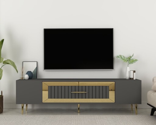 Comoda TV, Olivia, Dekolp3, 150x48 cm, PAL, Antracit / Aur