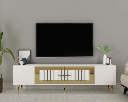 Comoda TV, Olivia, Dekolp3, 150x48 cm, PAL, Alb/Auriu