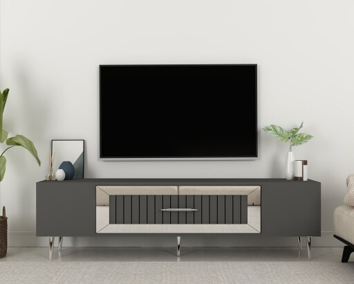 Comoda TV, Olivia, Dekolp3, 150x48 cm, PAL, Antracit / Argintiu