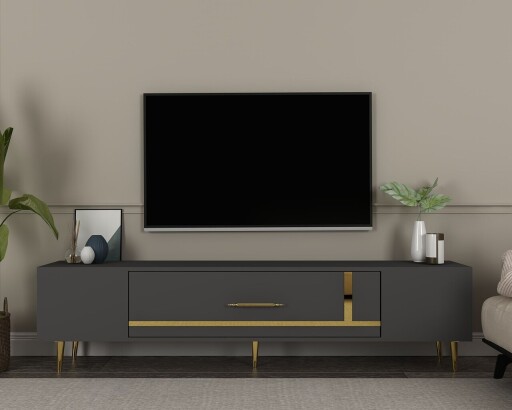 Comoda TV, Olivia, Dekop1, 150x48 cm, PAL, Antracit / Aur