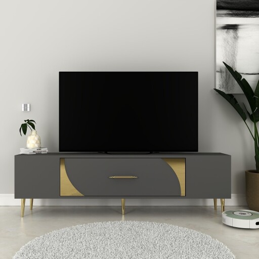 Comoda TV, Olivia, Dekop2, 150x48 cm, PAL, Antracit / Aur
