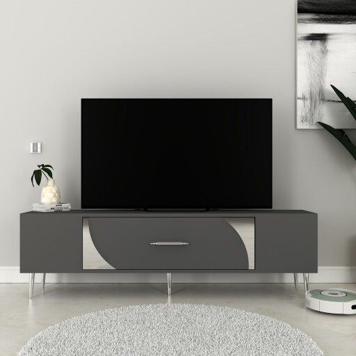 Comoda TV, Olivia, Dekop2, 150x48 cm, PAL, Antracit / Argintiu