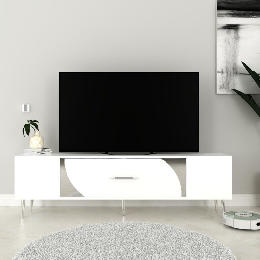Comoda TV, Olivia, Dekop2, 150x48 cm, PAL, Alb / Argintiu