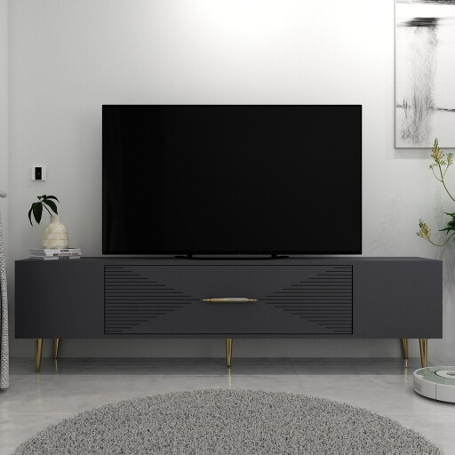 Comoda TV, Olivia, Dekol1, 150x48 cm, PAL, Antracit / Aur