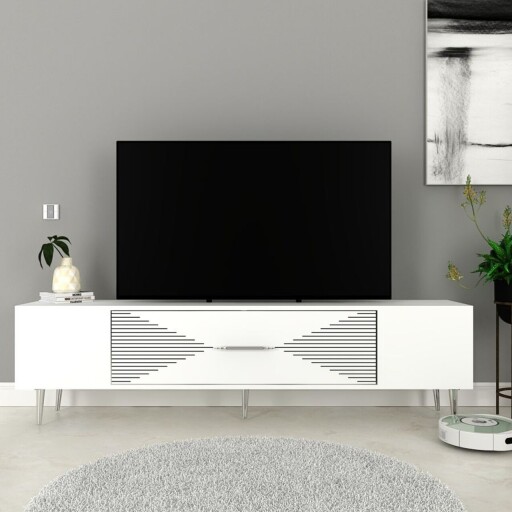 Comoda TV, Olivia, Dekol1, 150x48 cm, PAL, Alb / Argintiu