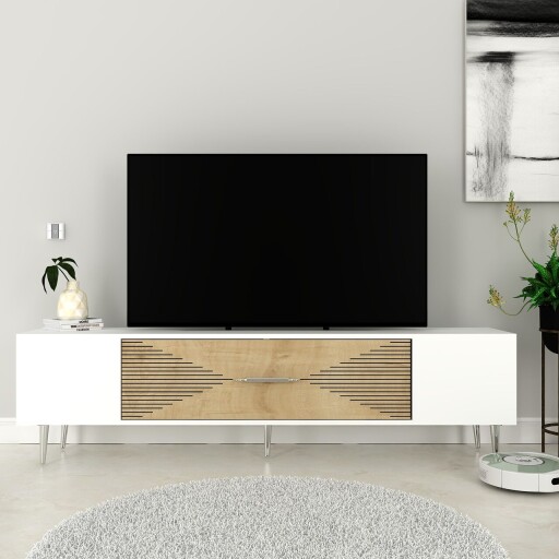 Comoda TV, Olivia, Dekol1, 150x48 cm, PAL, Stejar Safir / Alb / Argintiu