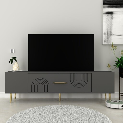 Comoda TV, Olivia, Dekol2, 150x48 cm, PAL, Antracit / Aur