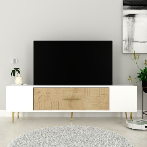 Comoda TV, Olivia, Dekol2, 150x48 cm, PAL, Stejar Safir / Alb / Auriu