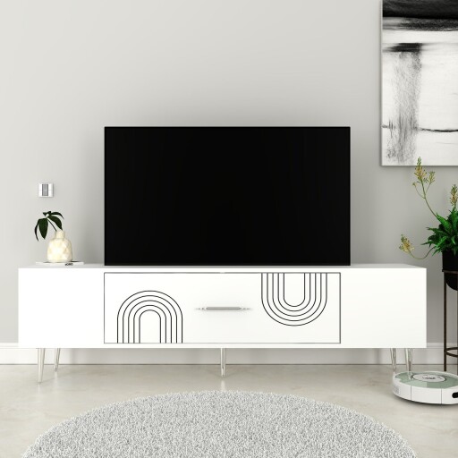Comoda TV, Olivia, Dekol2, 150x48 cm, PAL, Alb / Argintiu