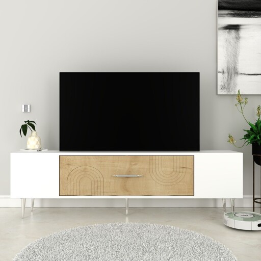 Comoda TV, Olivia, Dekol2, 150x48 cm, PAL, Stejar Safir / Alb / Argintiu