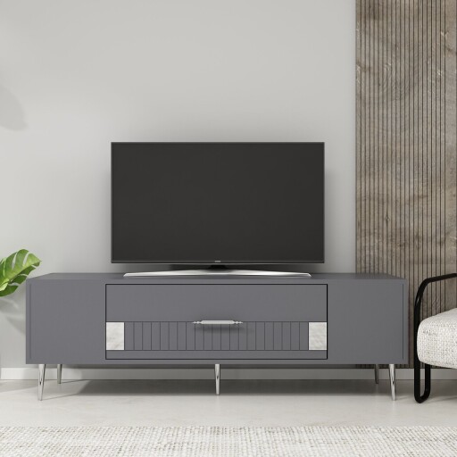 Comoda TV, Olivia, Dekolp4, 150x48 cm, PAL, Antracit / Argintiu