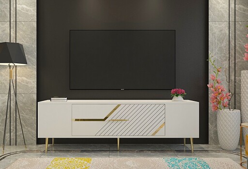 Comoda TV, Olivia, Dekolp5, 150x48 cm, PAL, Alb/Auriu