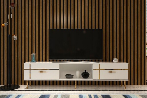 Comoda TV, Olivia, Line, 150x40 cm, PAL , Alb/Auriu