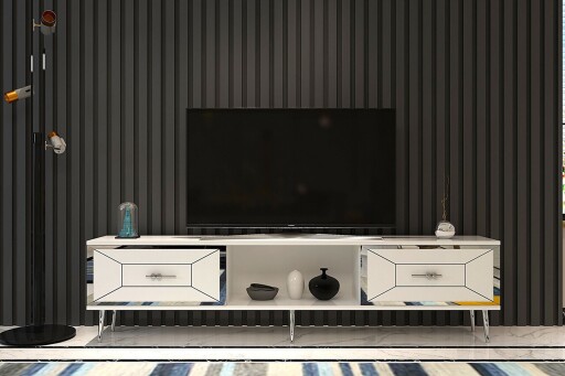 Comoda TV, Olivia, Arno, 150x40 cm, PAL , Alb / Argintiu