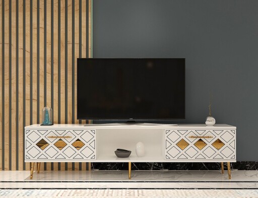 Comoda TV, Olivia, Dome, 150x40 cm, PAL , Alb/Auriu