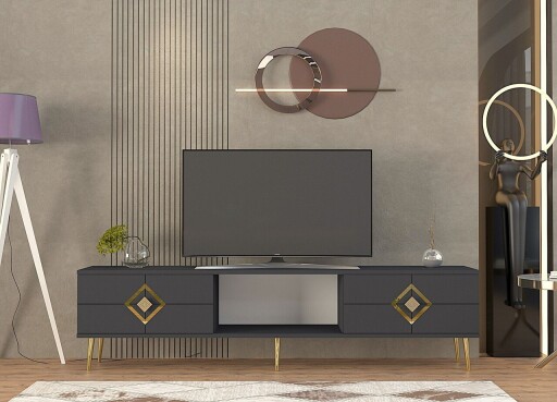 Comoda TV, Olivia, Robber, 150x40 cm, PAL , Antracit / Aur