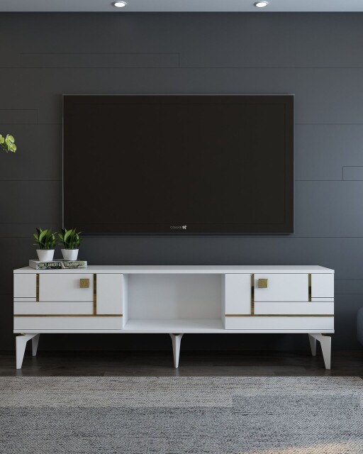 Comoda TV, Olivia, Madera, 150x44 cm, PAL , Alb/Auriu