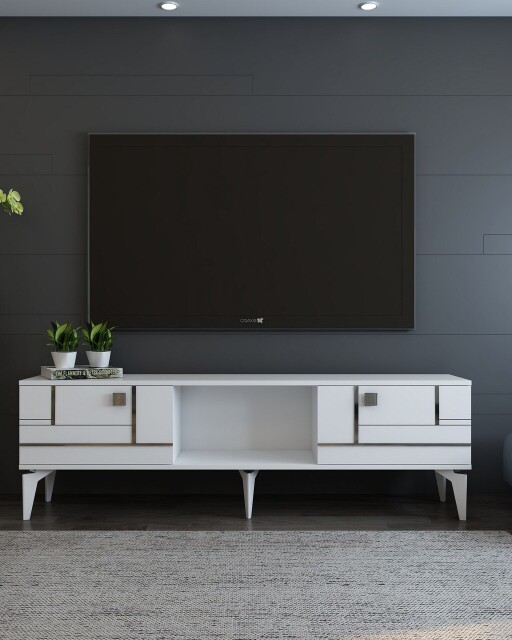 Comoda TV, Olivia, Madera, 150x44 cm, PAL , Alb / Argintiu