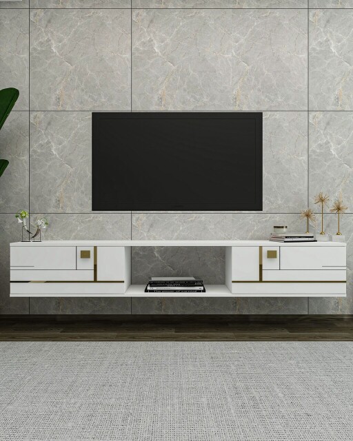 Comoda TV, Olivia, Aredam, 150x25 cm, PAL , Alb/Auriu