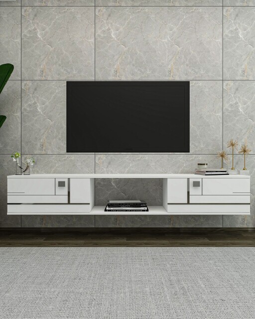 Comoda TV, Olivia, Aredam, 150x25 cm, PAL , Alb / Argintiu