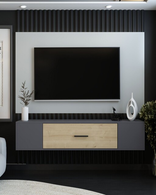 Comoda TV, Olivia, Kodaks, 150x33 cm, PAL , Stejar antracit / safir