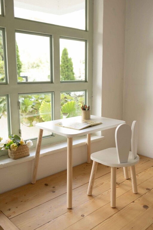 Set masa si scaun pentru copii, Bambini, Bunny One Chair Set, MDF , Alb