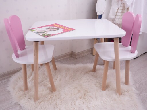 Set masa si scaun pentru copii, Bambini, Bunny Two Chair Set, MDF , Roz/Alb