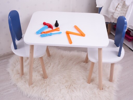 Set masa si scaun pentru copii, Bambini, Bunny Two Chair Set, MDF , Albastru / Alb