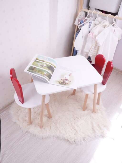 Set masa si scaun pentru copii, Bambini, Bunny Two Chair Set, MDF , Rosu/Alb