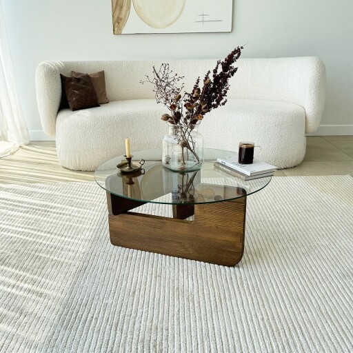 Masuta de cafea, Neostill, Mia, 75x35x75 cm, Sticla temperata, Nuc / Transparent