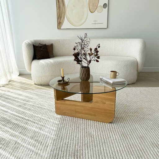 Masuta de cafea, Neostill, Mia, 75x35x75 cm, Sticla temperata, Stejar / Transparent