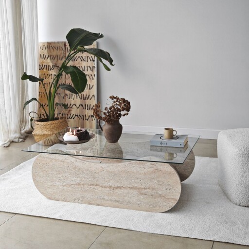 Masuta de cafea, Neostill, Brise, 105x35x65 cm, Sticla temperata, Travertin / Transparent