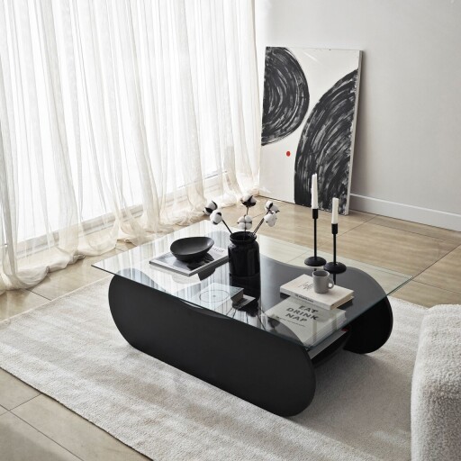 Masuta de cafea, Neostill, Brise, 105x35x65 cm, Sticla temperata, Negru/Transparent