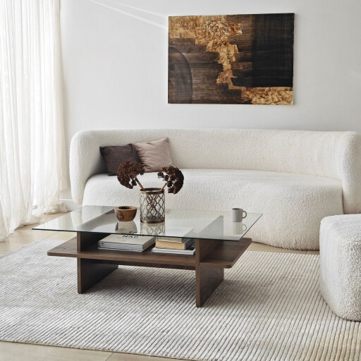 Masuta de cafea, Neostill, Saga Rectangle, 105x35x65 cm, Sticla temperata, Nuc / Transparent