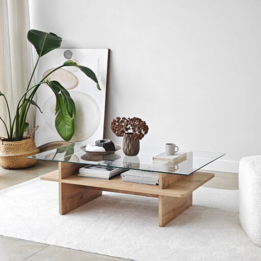 Masuta de cafea, Neostill, Saga Rectangle, 105x35x65 cm, Sticla temperata, Safir / Transparent