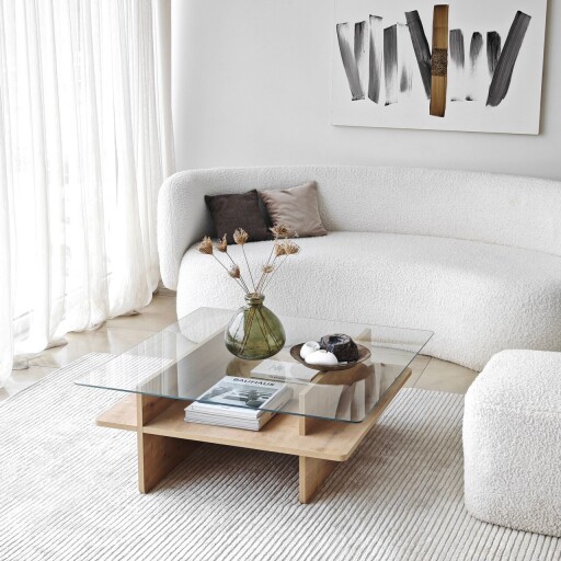 Masuta de cafea, Neostill, Saga Square, 90x35x90 cm, Sticla temperata, Safir / Transparent