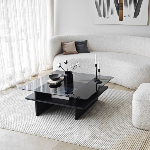 Masuta de cafea, Neostill, Saga Square, 90x35x90 cm, Sticla temperata, Negru / Fume