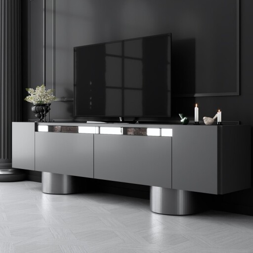 Comoda TV, Bexley, Bohem, 180x50x30 cm, PAL, Antracit / Argintiu