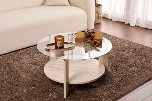 Masuta de cafea, Nordure, Clara, 75x40x75 cm, Sticla temperata , Travertin / Transparent