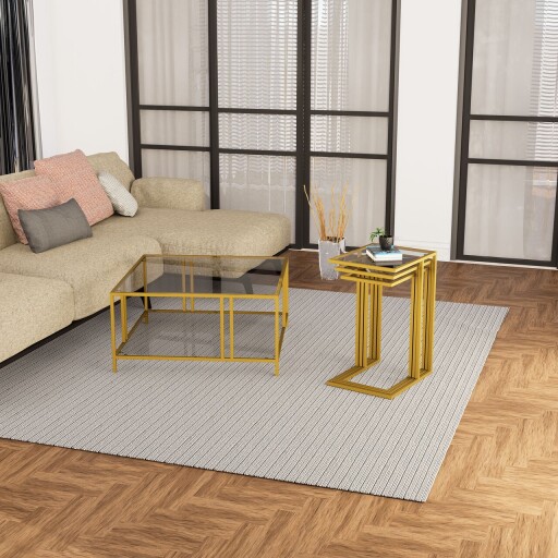 Set masute 3 piese, Caliente, Ibiza C, Sticla temperata, Aur / Fume