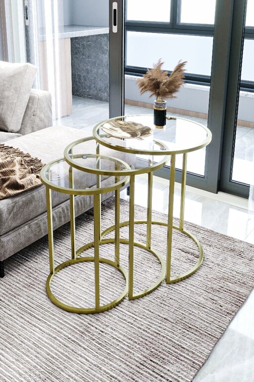 Set masute 3 piese, Caliente, Alya, Sticla temperata, Auriu / Transparent