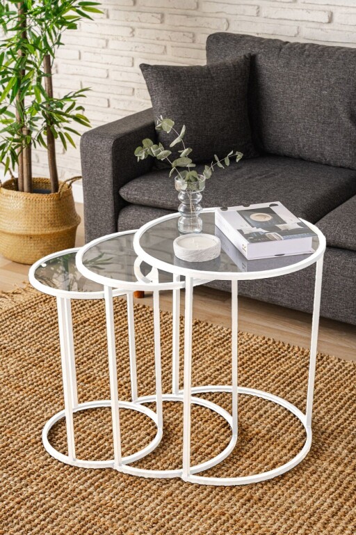 Set masute 3 piese, Caliente, Alya, Sticla temperata, Alb / Transparent