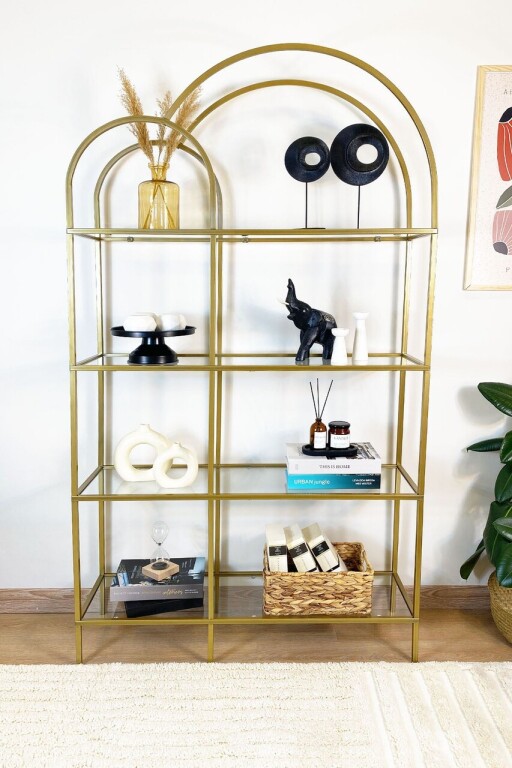 Corp biblioteca, Caliente, Twin, 100x175x30 cm, Sticla temperata, Auriu / Transparent