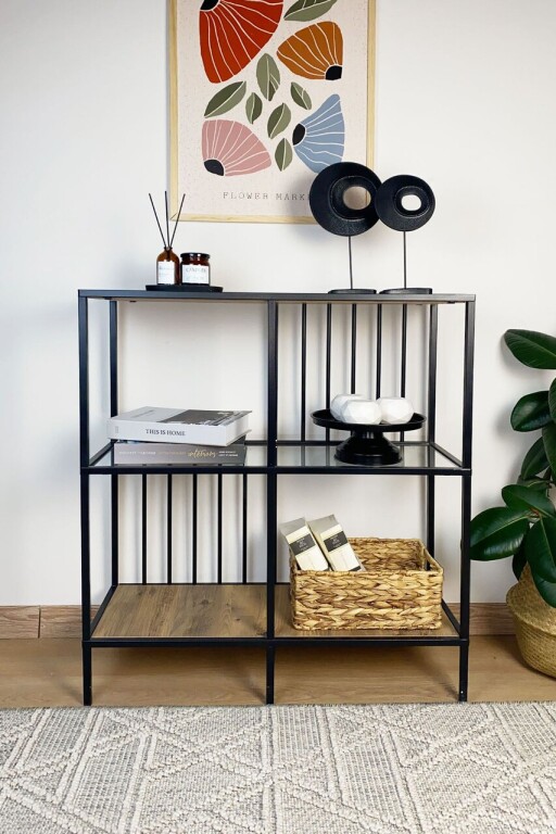 Bufet, Caliente, Sunny, 80x90x30 cm, PAL;Sticla temperata, Pin Atlantic / Transparent