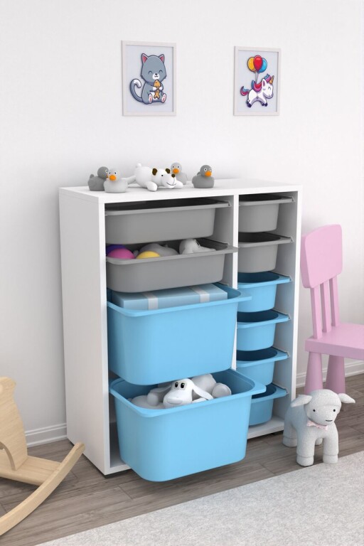 Dulap multifunctional, Estella, Zen 2D2K6U, PAL, Alb / Gri / Albastru