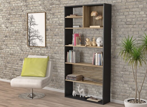 Corp biblioteca, Cordelia, FRN-9013, 90x180x25 cm, PAL, Lemn / Negru / Pin Atlantic