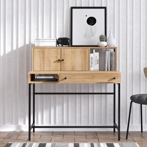 Birou, Elegance, Jodie, 100x103x60 cm, PAL, Stejar safir / negru