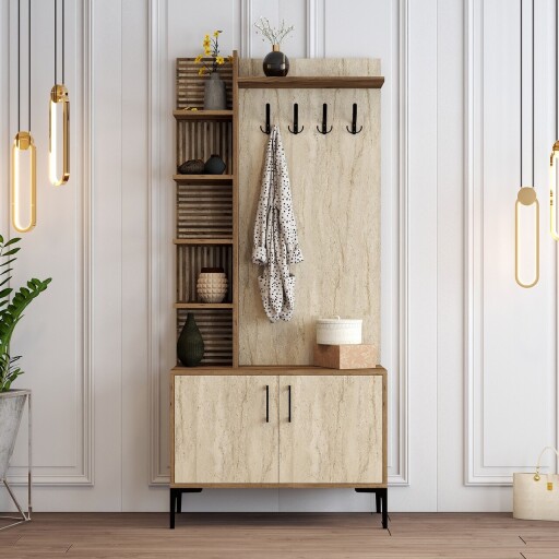 Cuier de perete, Hommy Craft, Viyana D, 90x200x35 cm, PAL, Nuc / Travertin