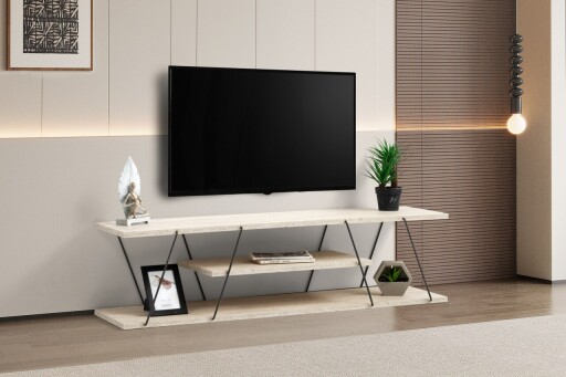 Comoda TV, Kalune Design, Canaz, 120x33x30 cm, PAL, Travertin / Negru