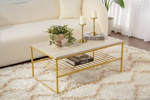 Masuta de cafea, Kalune Design, Asude, 95x42x55 cm, PAL, Travertin / Auriu